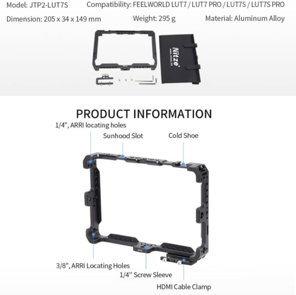 Nitze Cage for Feelworld LUT7S/LUT7 PRO/LUT7S PRO 7"" with PE21 HDMI Cable Clamp LS7-A Sunhood, black
